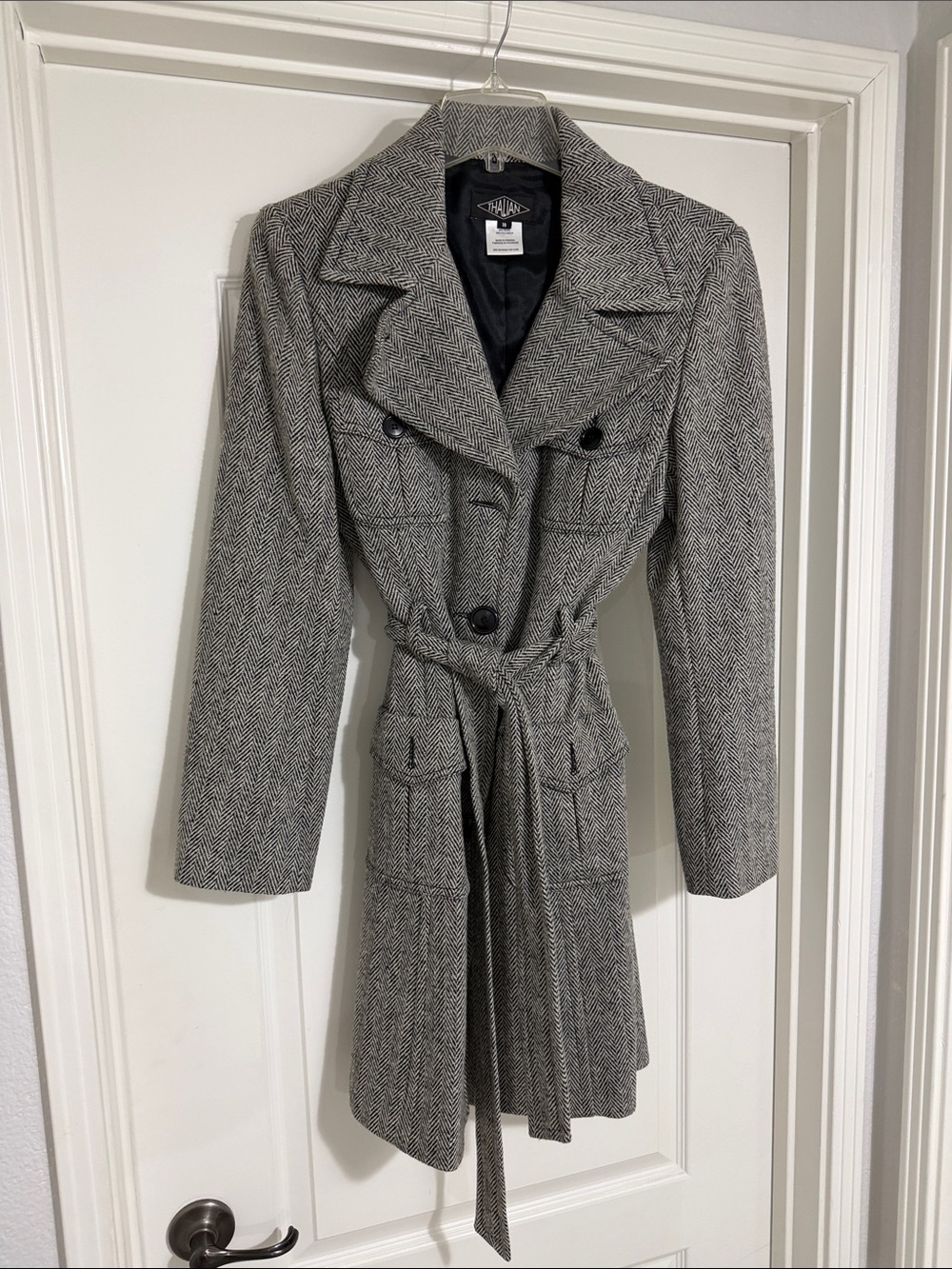 Thalian Black & White Herringbone Belted Trench Coat wool used size 10